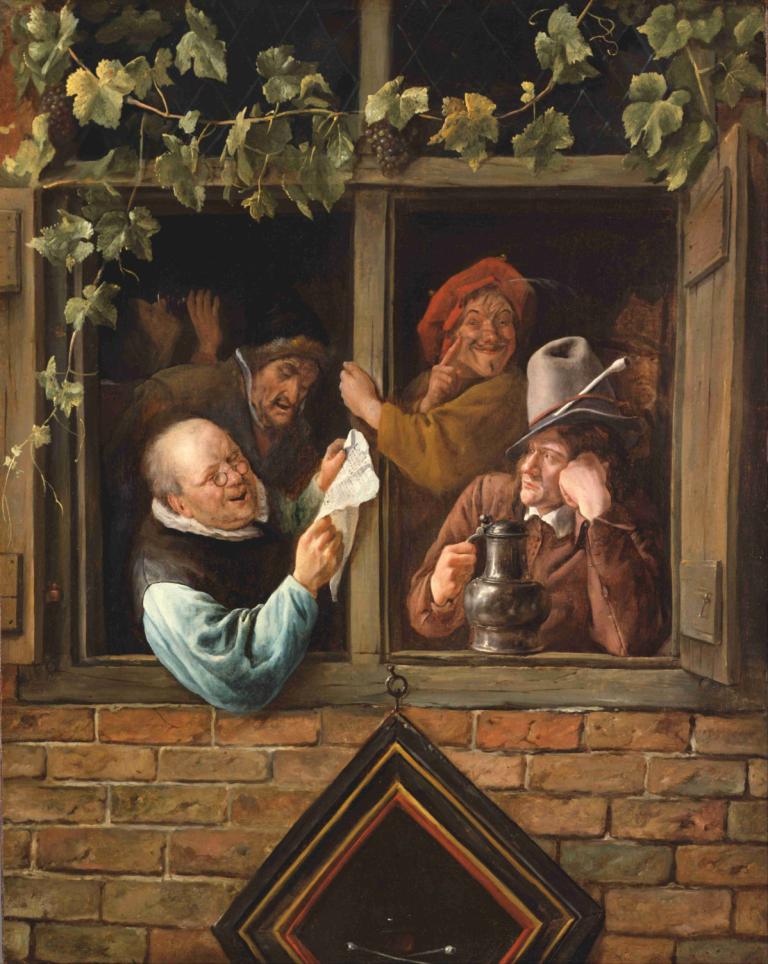 Rhetoricians at a Window,Jan Steen,Oil Painting,Oil Painting, multiple boys, old, hat, facial hair, old man