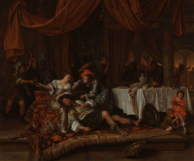 Samson and Delilah,Samson en Delila,Jan Steen,Olieverf,Olieverf, parodie op beeldende kunst, meerdere meisjes