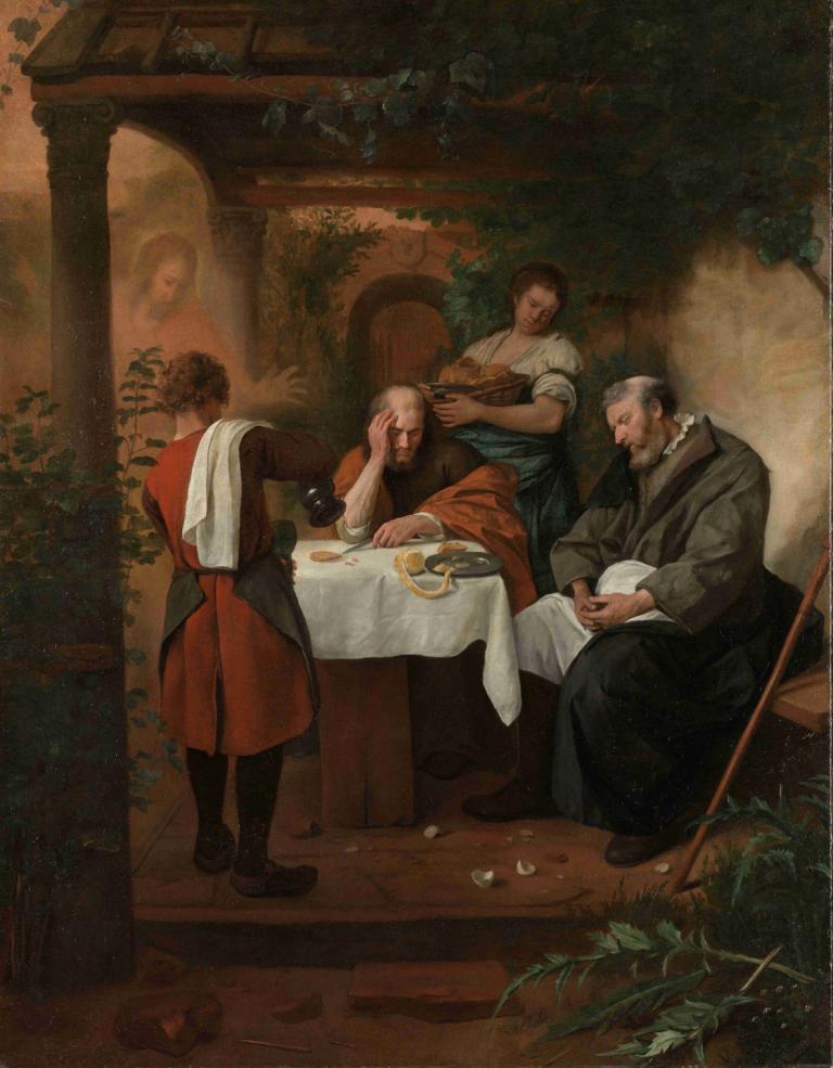 Supper at Emmaus,엠마오에서의 저녁 식사,Jan Steen,오일 페인팅,오일 페인팅, 여러 소년, 테이블, 좌석, 식물, 오래된, 수염, 늙은 여자, 얼굴 털, 여러 여자, 의자