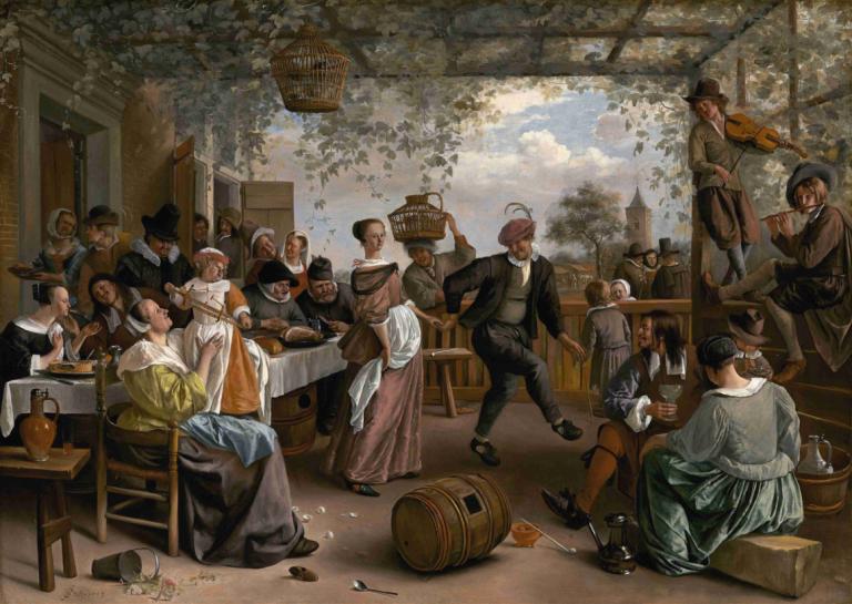 The Dancing Couple,춤추는 커플,Jan Steen,오일 페인팅,오일 페인팅, 미술 패러디, 기구, 좌석, 여러 여자, 악기 연주, 여러 소년, 음악, 모자, 보유, 흑발, 6+소년