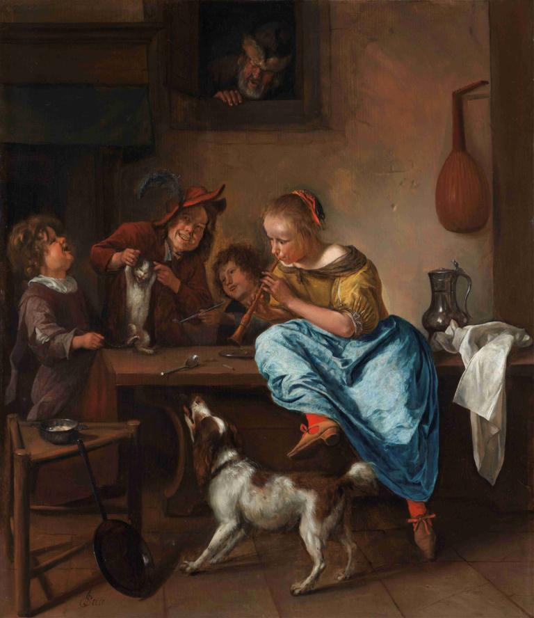 The Dancing Lesson,Lecția de dans,Jan Steen,Pictura in ulei,Pictura in ulei, parodie artistică, câine