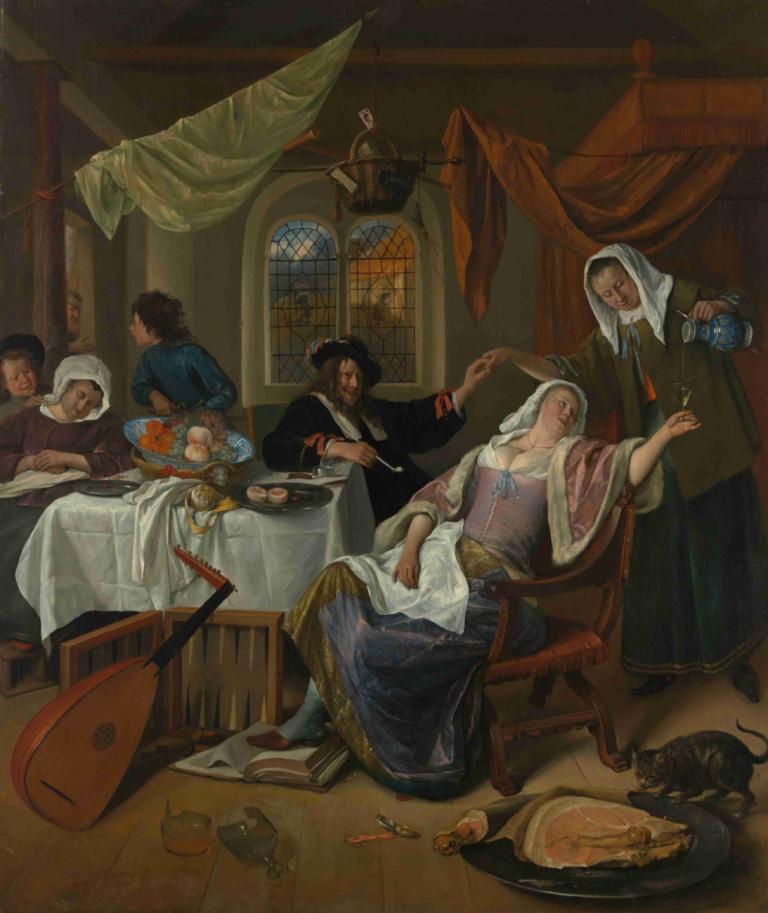 The Dissolute Household,Gospodăria disolută,Jan Steen,Pictura in ulei,Pictura in ulei, parodie artistică