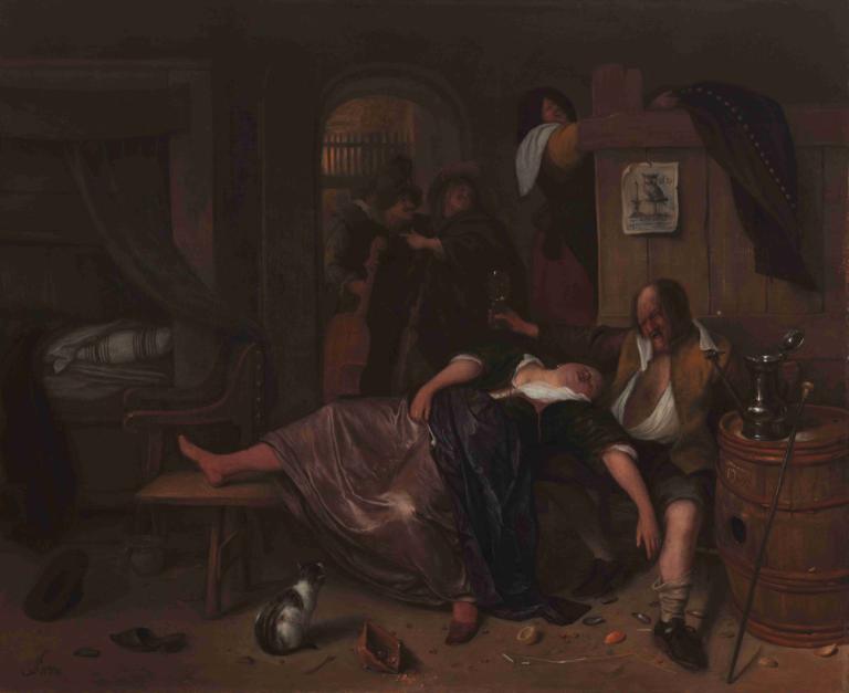 The Drunken Couple,Cuplul bețiv,Jan Steen,Pictura in ulei,Pictura in ulei, parodie artistică, desculț, sanii