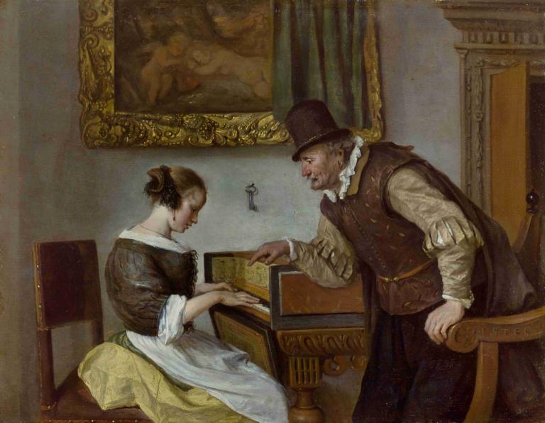 The Harpsichord Lesson,Lecția de clavecin,Jan Steen,Pictura in ulei,Pictura in ulei, parodie artistică