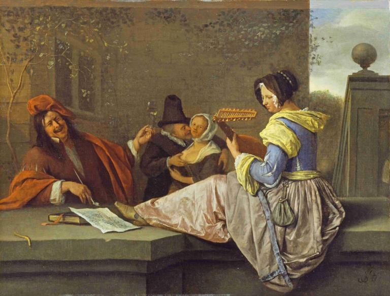 The Lute Player,류트 연주자,Jan Steen,오일 페인팅,오일 페인팅, 미술 패러디, 여러 소년, 기구, 무기, 3소년, 여자 1명, 전통 미디어, 좌석, 검, 모자, 수염