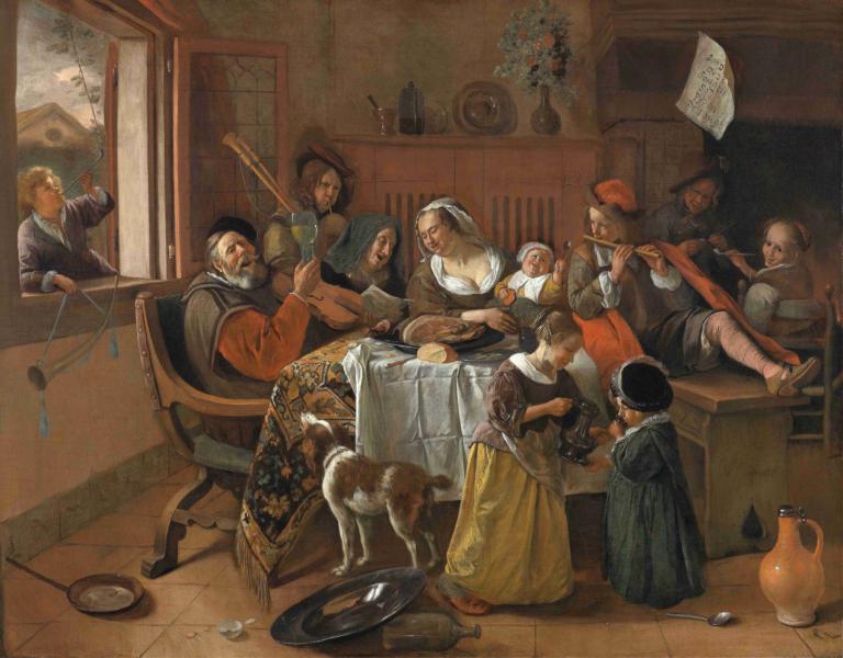 The Merry Family,메리 패밀리,Jan Steen,오일 페인팅,오일 페인팅, 미술 패러디, 여러 소년, 여러 여자, 실내, 테이블, 기구, 좌석, 얼굴 털, 드레스, 6+소년, 흑발