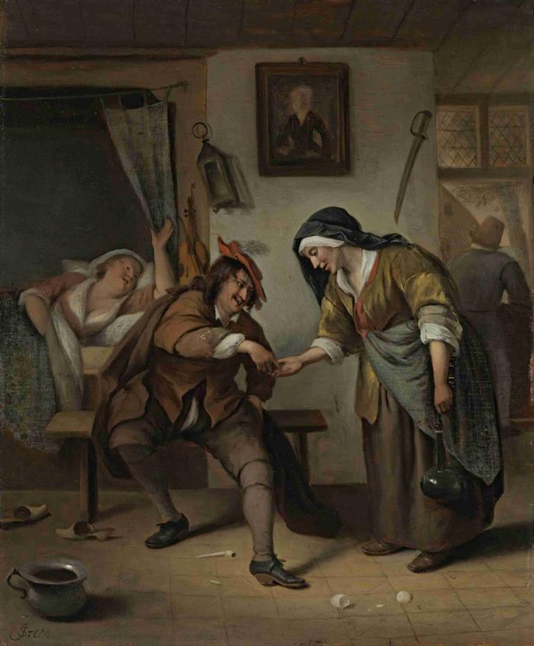 The Procuress,프로큐어,Jan Steen,오일 페인팅,오일 페인팅, 미술 패러디, 실내, 보유, 여러 소년, 여자 1명, 긴 머리, 늙은 여자, 모자, 검은색 신발, 오래된, 지팡이