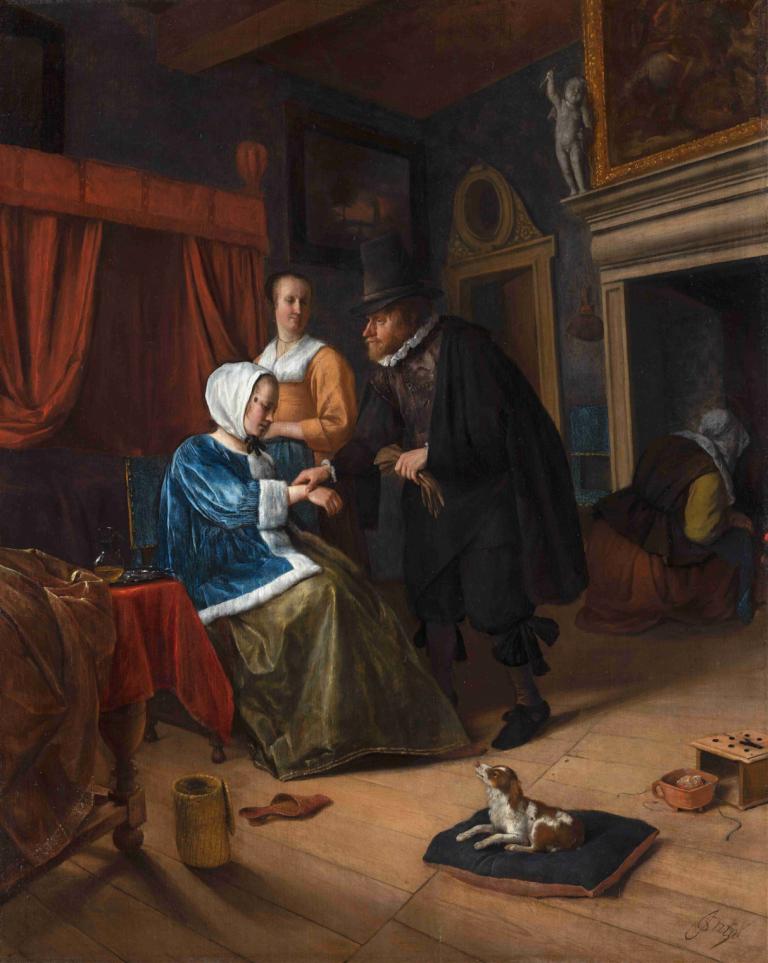 The Sick Girl,아픈 소녀,Jan Steen,오일 페인팅,오일 페인팅, 미술 패러디, 모자, 오래된, 늙은 여자, 여러 소년, 커튼, 실내, 양탄자, 그림(물체), 풍자적 개작 시문