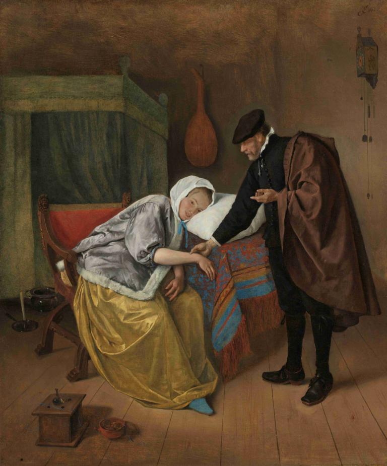 The Sick Woman,아픈 여자,Jan Steen,오일 페인팅,오일 페인팅, 모자, 여자 1명, 의자, 얼굴 털, 1남, 미술 패러디, 수염, 좌석, 실내