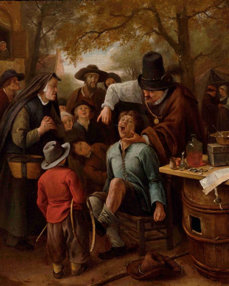 The Tooth-Puller,이빨 뽑는 사람,Jan Steen,오일 페인팅,오일 페인팅, 미술 패러디, 모자, 여러 소년, 6+소년, 회화 (중), 나무, 얼굴 털, 풍자적 개작 시문