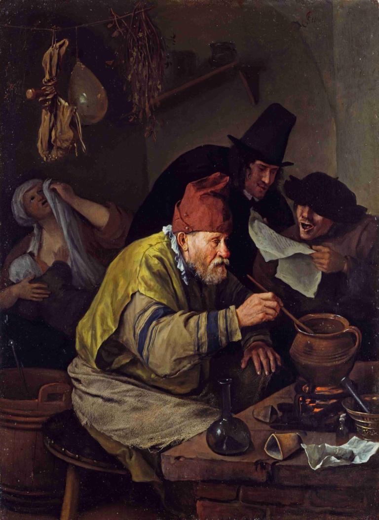 The Village Alchemist,마을 연금술사,Jan Steen,오일 페인팅,오일 페인팅, 여러 소년, 모자, 얼굴 털, 미술 패러디, 수염, 보유, 병, 포보이즈, 여자 1명, 수염