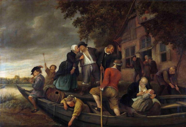 The merry homecoming,즐거운 귀향,Jan Steen,오일 페인팅,오일 페인팅, 미술 패러디, 여러 소년, 선박, 여러 여자, 보트, 6+소년, 오래된, 나무, 늙은 여자, 모자