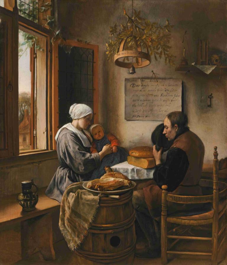 The prayer before the meal,식사 전 기도,Jan Steen,오일 페인팅,오일 페인팅, 여러 소년, 창문, 실내, 좌석, 모자, 얼굴 털, 오래된, 수염, 흰머리