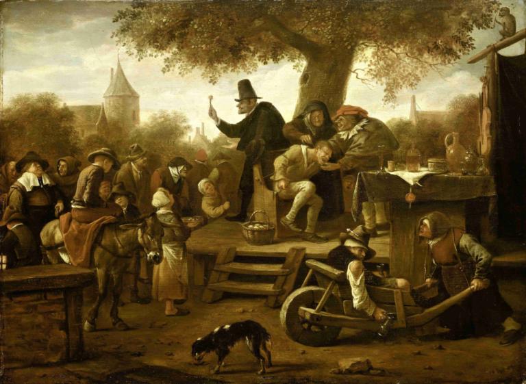 The quack,돌팔이,Jan Steen,오일 페인팅,오일 페인팅, 말, 여러 소년, 모자, 나무, 6+소년, 미술 패러디, 여러 여자, 세피아, 개, 승마