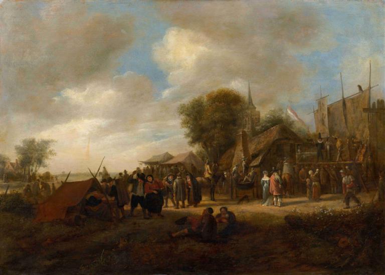 Village Fair,마을 박람회,Jan Steen,오일 페인팅,오일 페인팅, 나무, 6+소년, 깃발, 여러 소년, 하늘, 옥외, 구름, 군인, 전통 미디어, 경치, 전쟁, 가짜 전통 미디어