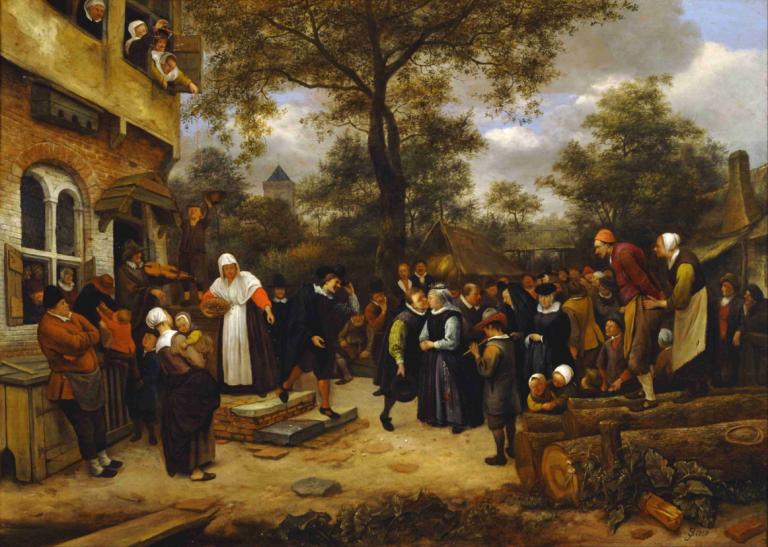 Village Wedding,빌리지 웨딩,Jan Steen,오일 페인팅,오일 페인팅, 나무, 6+소년, 여러 여자, 미술 패러디, 여러 소년, 옥외, 경치, 전통 미디어