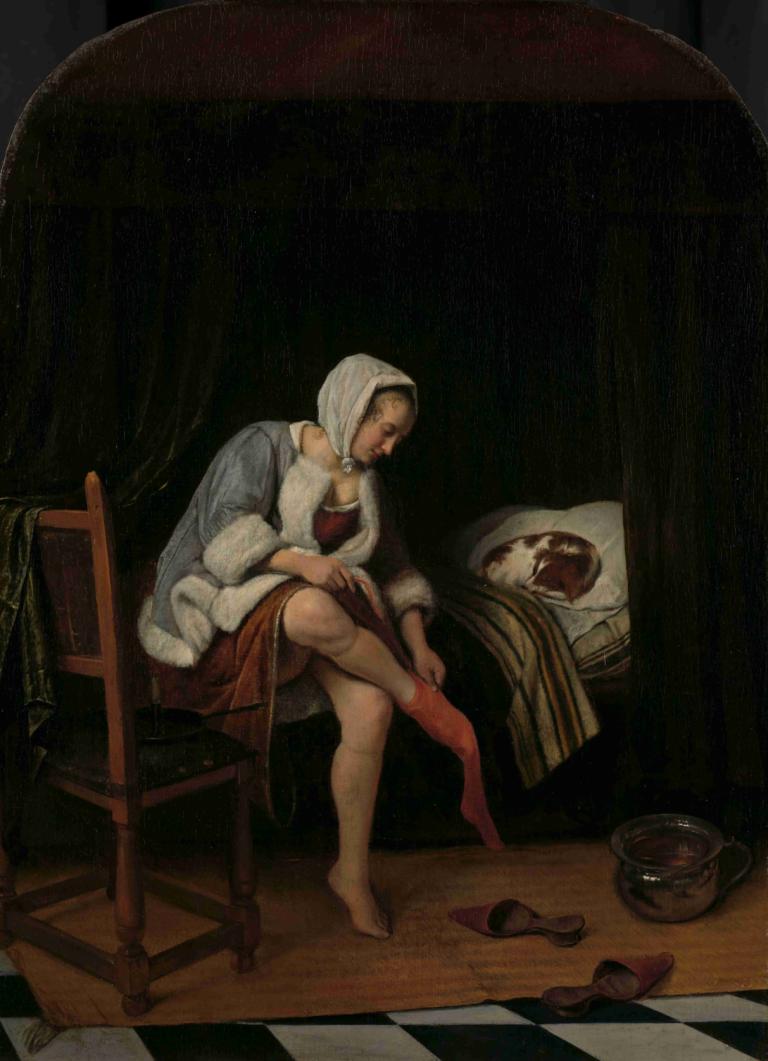 Woman at her Toilet,Wanita di Toiletnya,Jan Steen,Lukisan cat minyak,Lukisan cat minyak, 1 gadis, solo, duduk