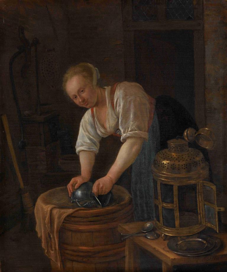 Woman scouring metalware,Frau beim Scheuern von Metallwaren,Jan Steen,Ölgemälde,Ölgemälde, Kunstparodie, Solo