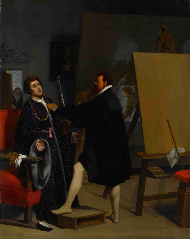 Aretino in the Studio of Tintoretto,Jean Auguste Dominique Ingres,Oil Painting,Oil Painting, fine art parody