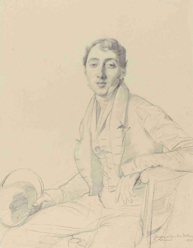 Dr. Louis Martinet,Jean Auguste Dominique Ingres,Sketch,Sketch, solo, 1boy, male focus, chair, sitting