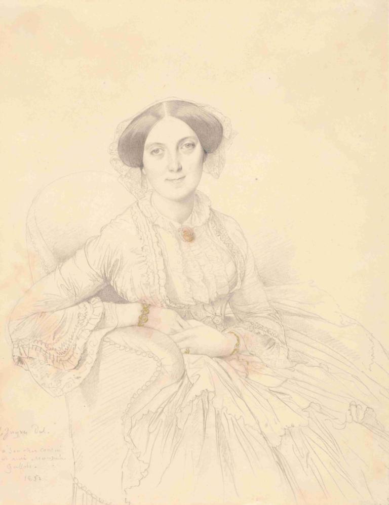 Madame Félix Gallois,Jean Auguste Dominique Ingres,Sketch,Sketch, 1girl, solo, dress, jewelry, monochrome