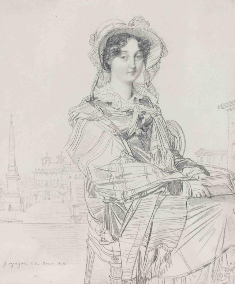 Mrs. Charles Badham,Jean Auguste Dominique Ingres,Sketch,Sketch, 1girl, solo, monochrome, hat, sitting