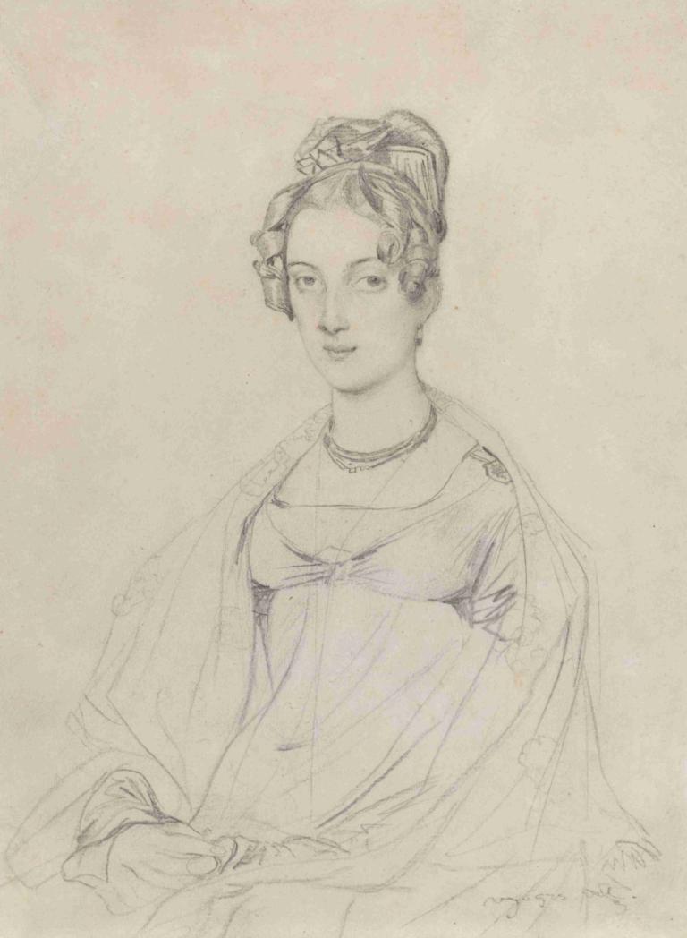 Mrs. Edward Dodwell,Jean Auguste Dominique Ingres,Skisse,Skisse, 1 jente, solo, monokrom, smykker