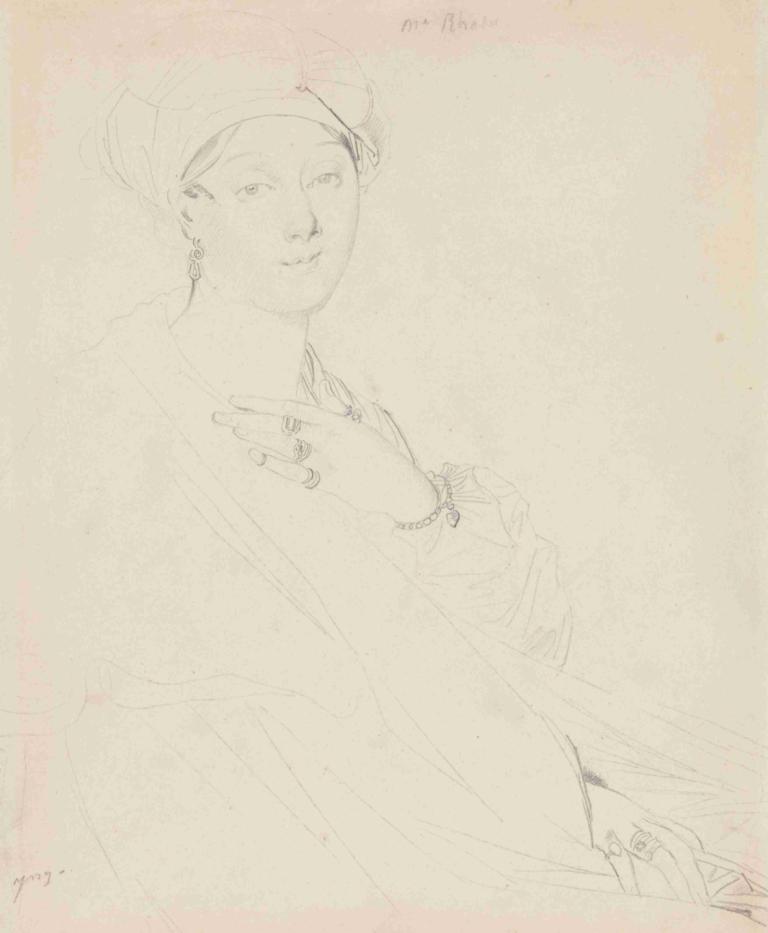 Portrait of Madame Rhode,Jean Auguste Dominique Ingres,Sketch,Sketch, jewelry, ring, solo, earrings