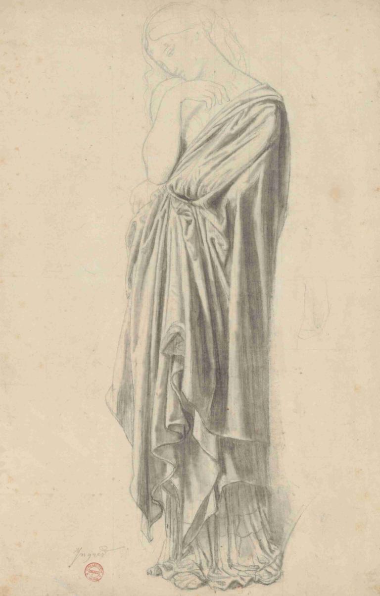 Study for the Figure of Stratonice,Jean Auguste Dominique Ingres,Sketch,Sketch, solo, 1boy, male focus, robe