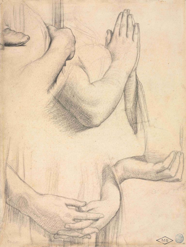 Study of Hands,Jean Auguste Dominique Ingres,Sketch,Sketch, sketch, monochrome, 1girl, traditional media