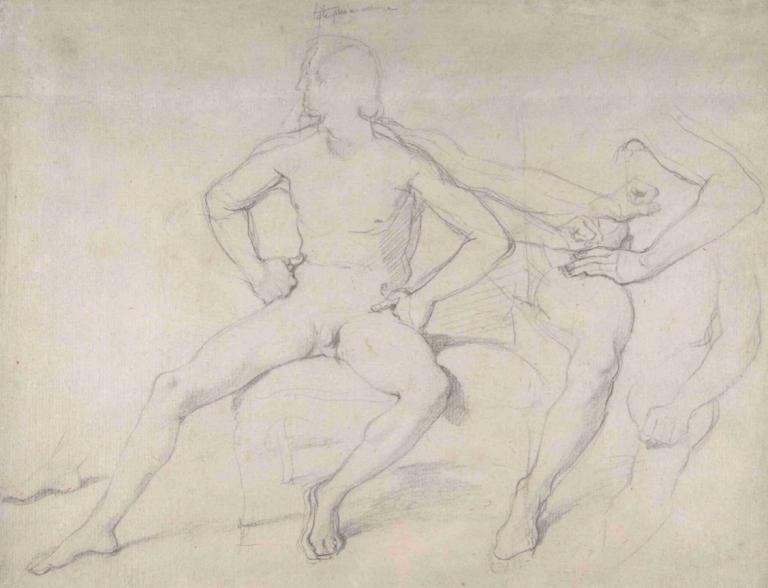 Study of a Seated Nude Male,男性裸体坐像研究,Jean Auguste Dominique Ingres,让-奥古斯特-多米尼克-安格尔,素描,素描, 草图, 单色, 1个女孩, 裸体