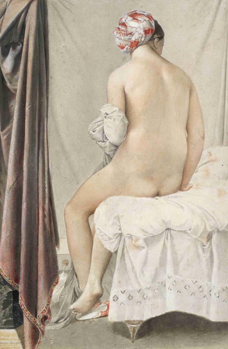 The Bather,Jean Auguste Dominique Ingres,Oil Painting,Oil Painting, solo, nude, fine art parody, 1girl