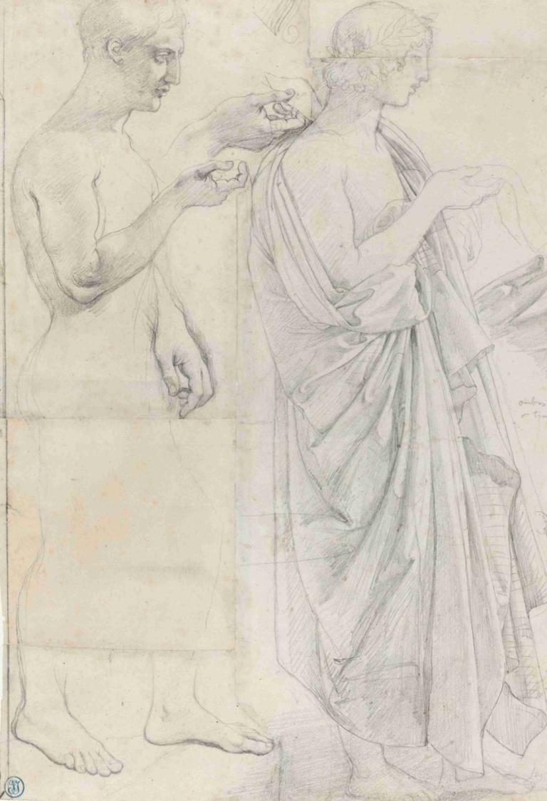 Two Studies of Virgil,两部维吉尔研究,Jean Auguste Dominique Ingres,让-奥古斯特-多米尼克-安格尔,素描,素描, 男性焦点, 单色, 赤脚, 传统媒体, 1男孩