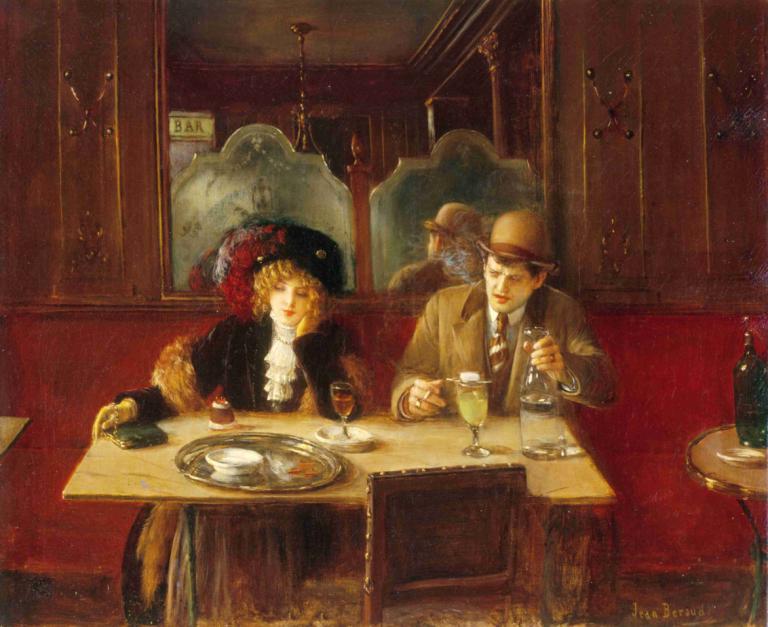 Au café, dit l'Absinthe,카페에서 압생트 마시기,Jean Béraud,장 베로,오일 페인팅,오일 페인팅, 모자, 여자 1명, 블론드 헤어, 여러 소년, 와인 잔, 컵