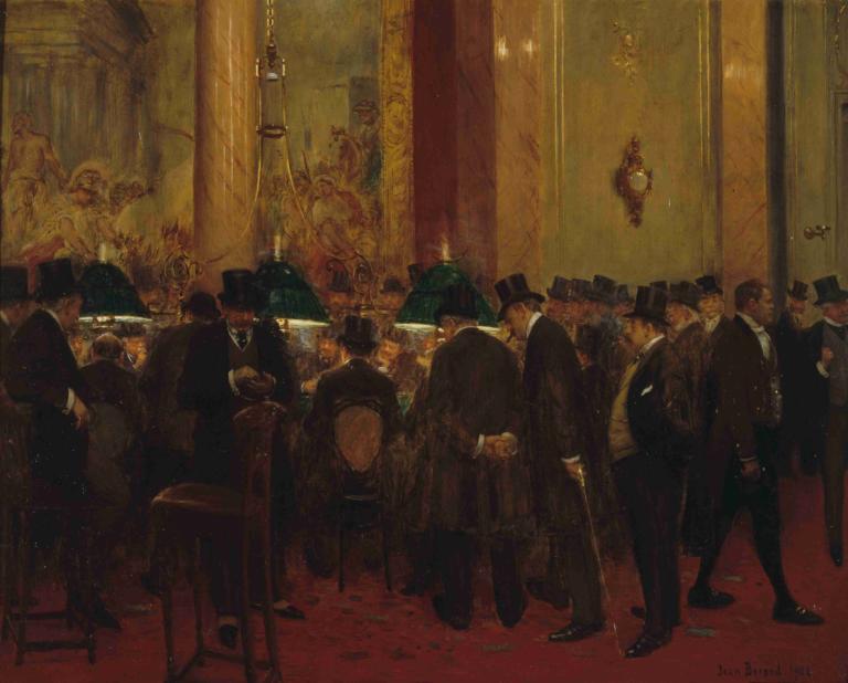 Au cercle,圆圈,Jean Béraud,让-贝罗,油画,油画, 6+男孩, 正式的, 帽子, 套装, 多个男孩, 在室内, 椅子, 枝形吊灯, 常设