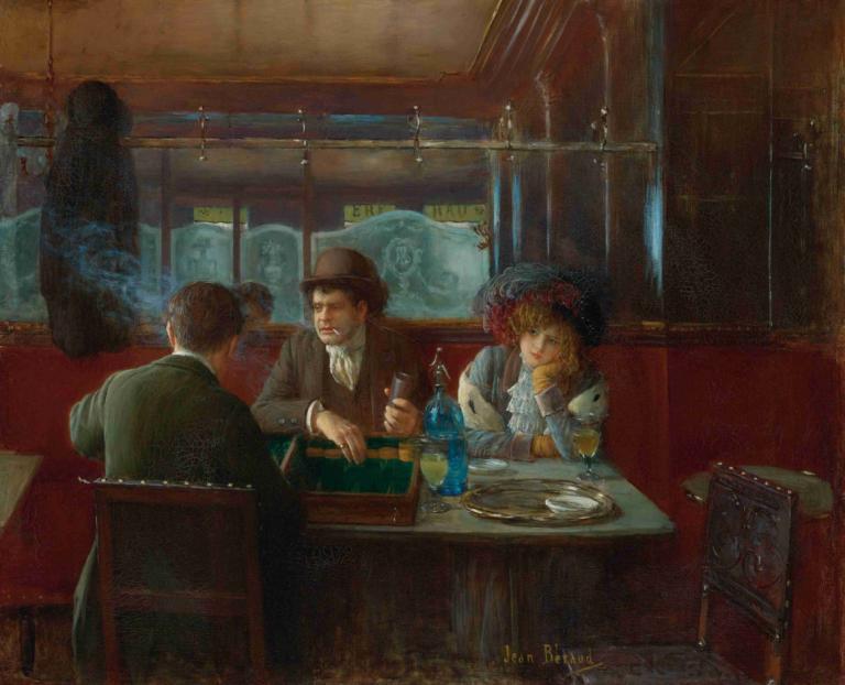 Backgammon At The Café,Jean Béraud,Oil Painting,Oil Painting, multiple boys, blonde hair, hat, bottle, 1girl