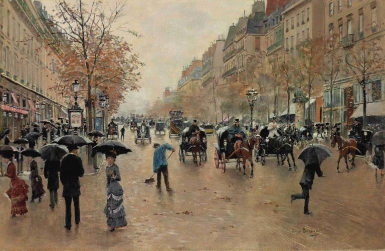 Boulevard Poissonnière en automne,秋のポワソニエール大通り,Jean Béraud,ジャン・ベロー,油絵,油絵, 傘, 木, 従来のメディア, 現実世界の場所, 絵画（中）, 地上車両