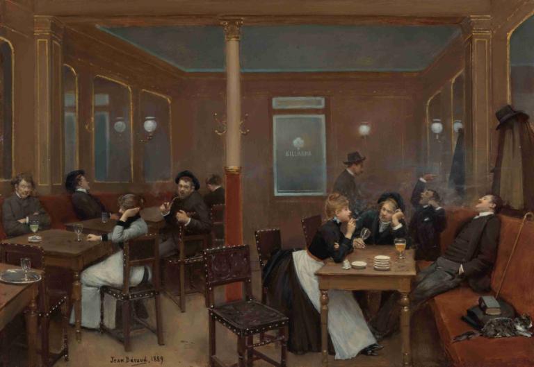 Brasserie D'étudiants (Student Brasserie),学生餐厅（Brasserie D'étudiants）,Jean Béraud,让-贝罗,油画,油画, 多个男孩, 桌子, 帽子