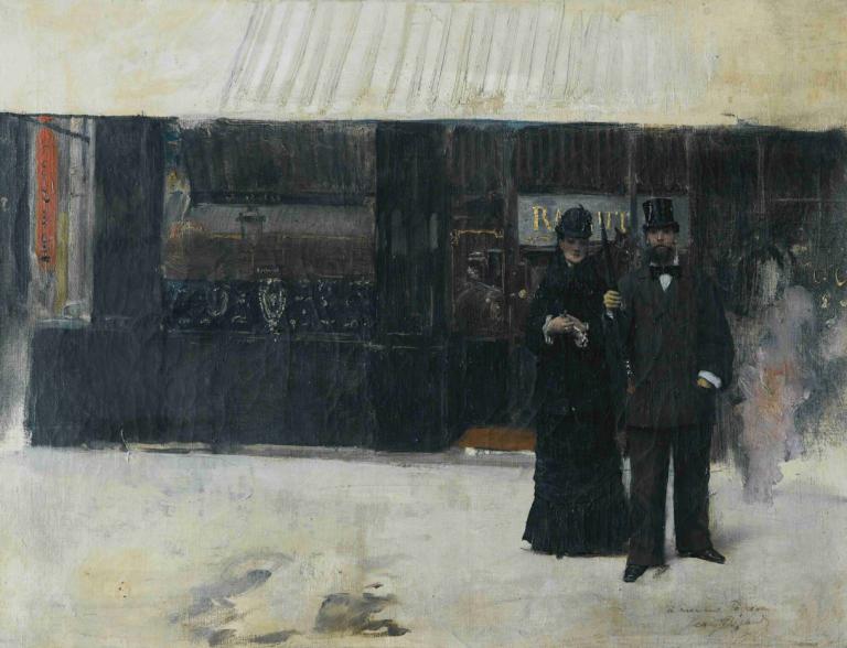 Couple devant une bijouterie,宝石店の前のカップル,Jean Béraud,ジャン・ベロー,油絵,油絵, 複数の男の子, 帽子, 黒髪, 男の子2人, 雨, 立っている, 1女の子