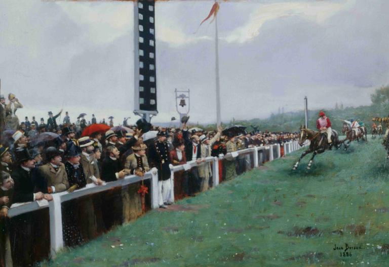 Courses à Longchamp ; l'arrivée au poteau,Løb på Longchamp; ankomst til posten,Jean Béraud,Oliemaleri