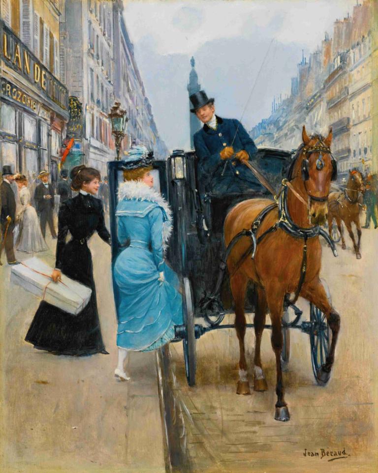 Courses Rue De La Paix,和平街购物,Jean Béraud,让-贝罗,油画,油画, 马, 帽子, 传统媒体, 骑术, 骑马, 多个女孩, 裙子, 多个男孩, 绘画（中）, 手提箱, 户外, 建筑