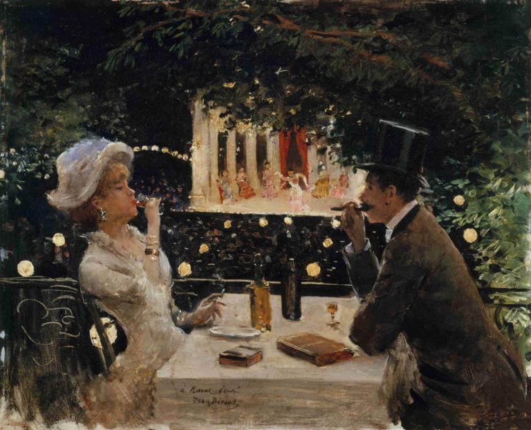 Dîner aux Ambassadeurs,大使餐厅晚餐,Jean Béraud,让-贝罗,油画,油画, 1个女孩, 1男孩, 帽子, 裙子, 桌子, 白色礼服, 珠宝, 耳环, 水杯, 传统媒体, 杯子, 黑发