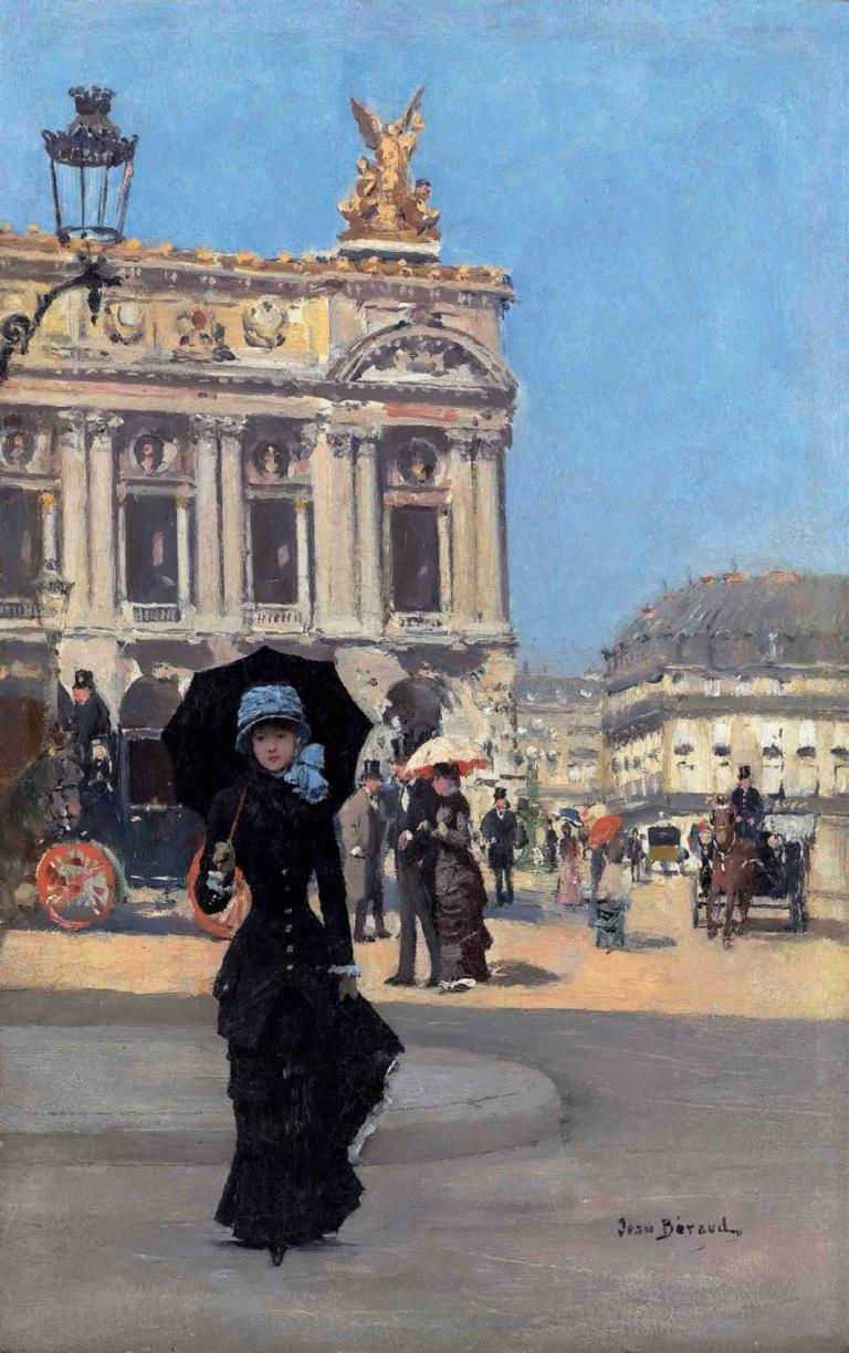 Devant l’Opéra,오페라 극장 앞,Jean Béraud,장 베로,오일 페인팅,오일 페인팅, 우산, 옥외, 여러 여자, 모자, 여러 소년, 낮, 흑발, 전통 미디어, 보유, 하늘