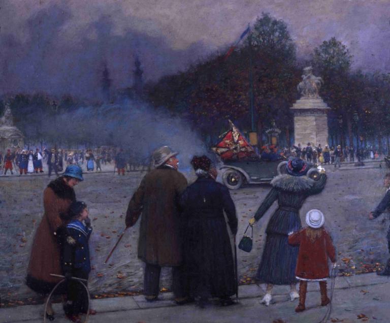 Drapeau allemand porté aux Invalides,在荣军院升起的德国国旗,Jean Béraud,让-贝罗,油画,油画, 多个男孩, 多个女孩, 传统媒体, 帽子, 6+男孩, 地面车辆, 树