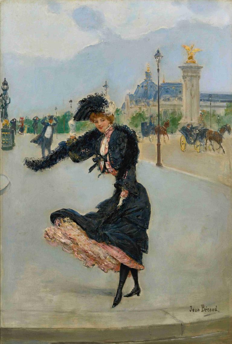 Elegante Devant Le Grand Palais Sur Le Pont Alexandre Iii,Jean Béraud,Oil Painting,Oil Painting, dress