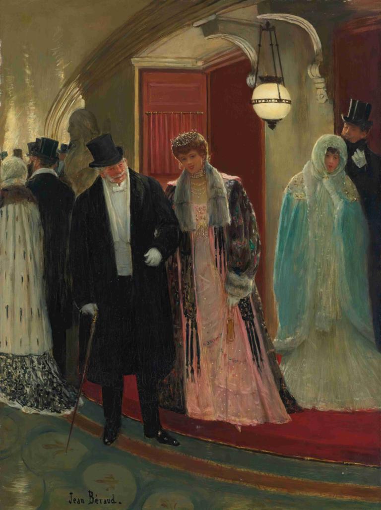 Exit From The Loge Of The Opera,오페라의 유령 출구,Jean Béraud,장 베로,오일 페인팅,오일 페인팅, 모자, 지팡이, 드레스, 장갑, 여러 소년, 코트