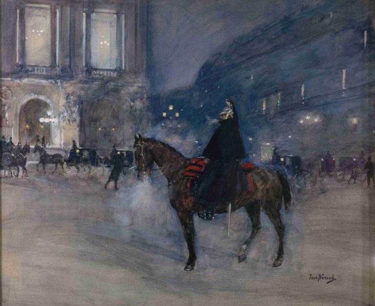 Façade de l'Opéra un soir de gala,Gevel van de Opéra op een gala-avond,Jean Béraud,Olieverf,Olieverf, paard