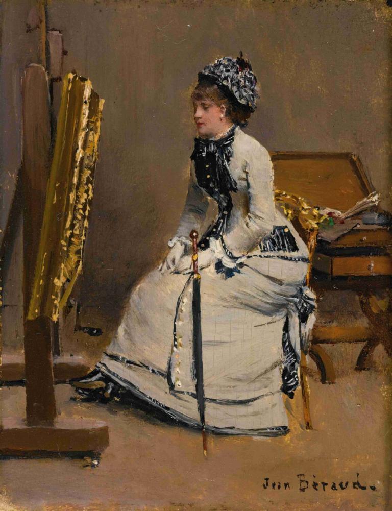 Femme Assise Devant Un Tableau,坐在画前的女子,Jean Béraud,让-贝罗,油画,油画, 1个女孩, 独奏, 裙子, 美术模仿, 手套, 坐着, 实际的, 绘画（物体）, 传统媒体