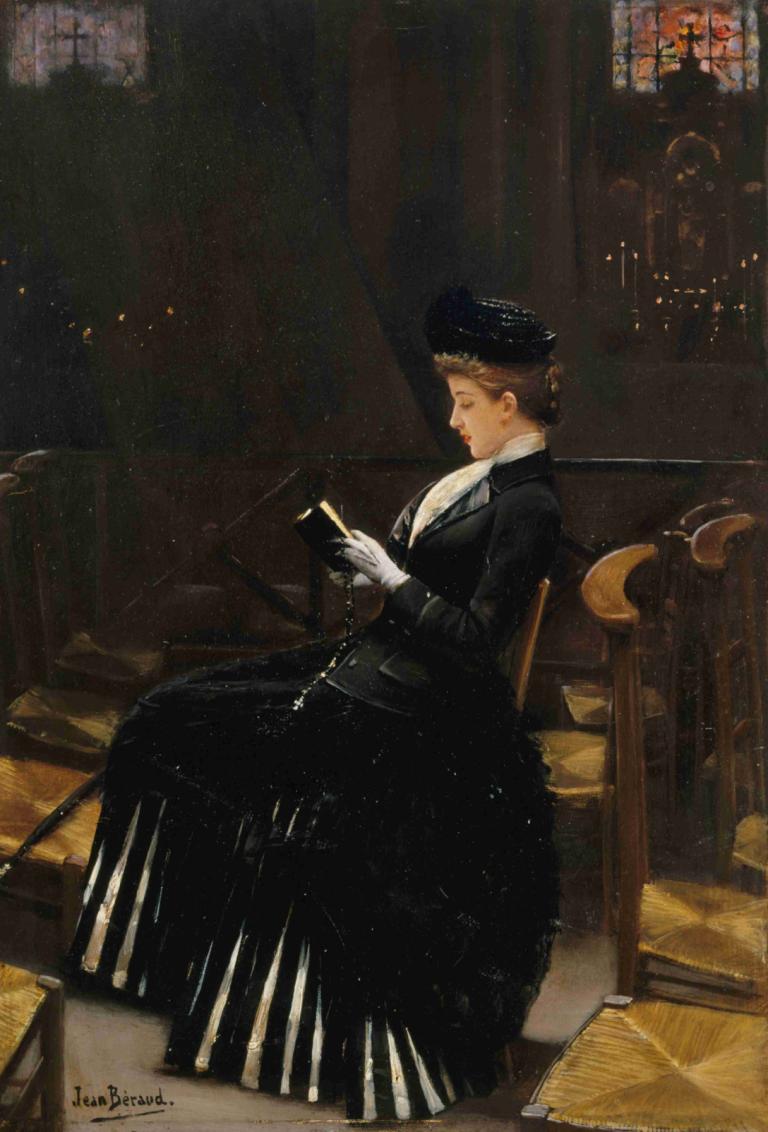 Femme en prière,Jean Béraud,Oil Painting,Oil Painting, 1girl, gloves, white gloves, solo, hat, sitting