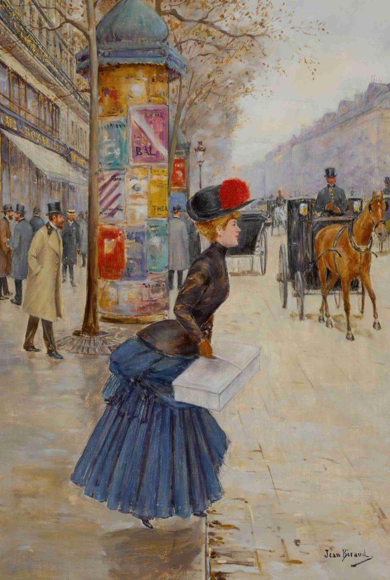 Jeune Femme Traversant Le Boulevard,穿越林荫大道的年轻女子,Jean Béraud,让-贝罗,油画,油画, 帽子, 金头发, 户外, 裙子, 1个女孩, 树, 短发, 马, 传统媒体